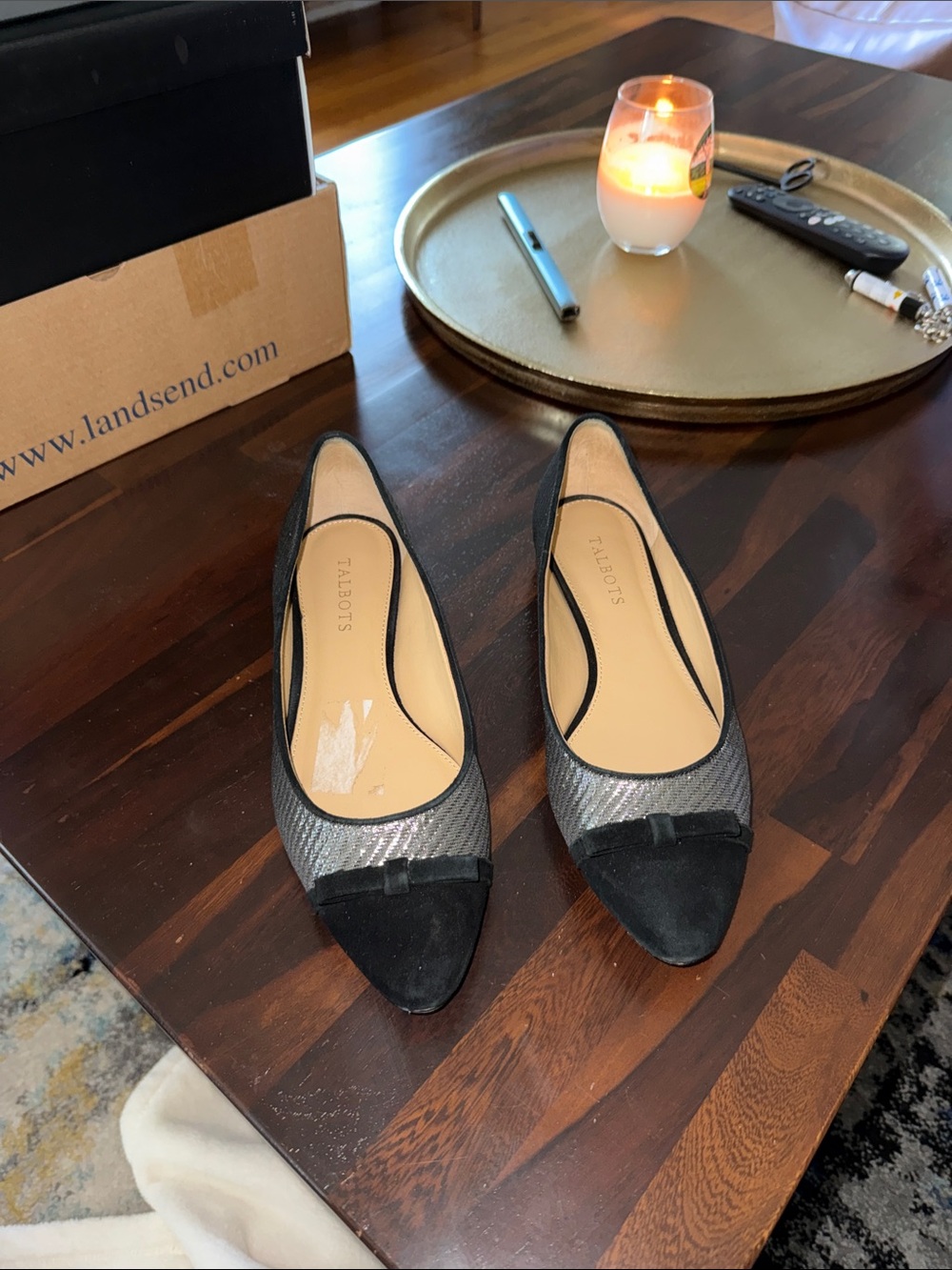 Talbots Black and Silver Pointed-Toe Flats with Bow Trim